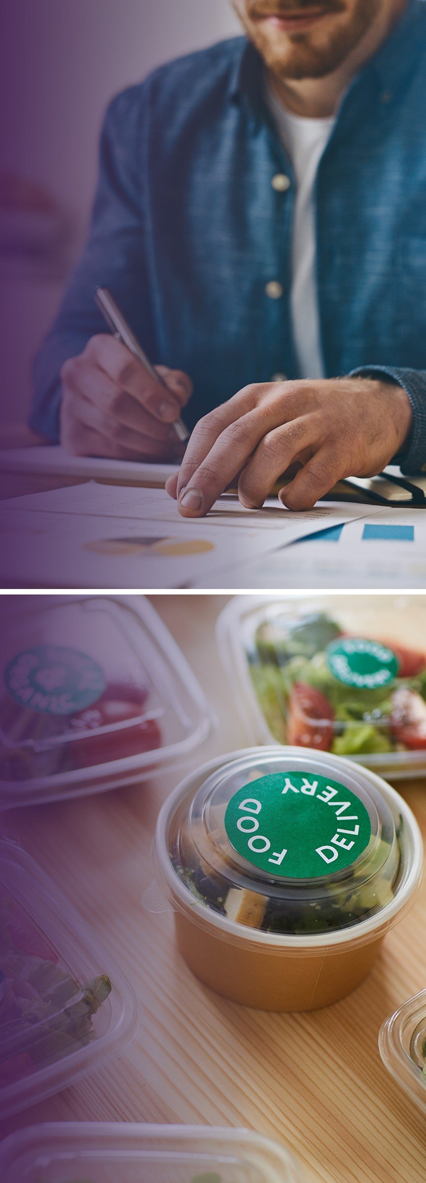 Two image collage: One of a man writing on a piece of paper, the other, some packed food in plastic containers with a custom printed label